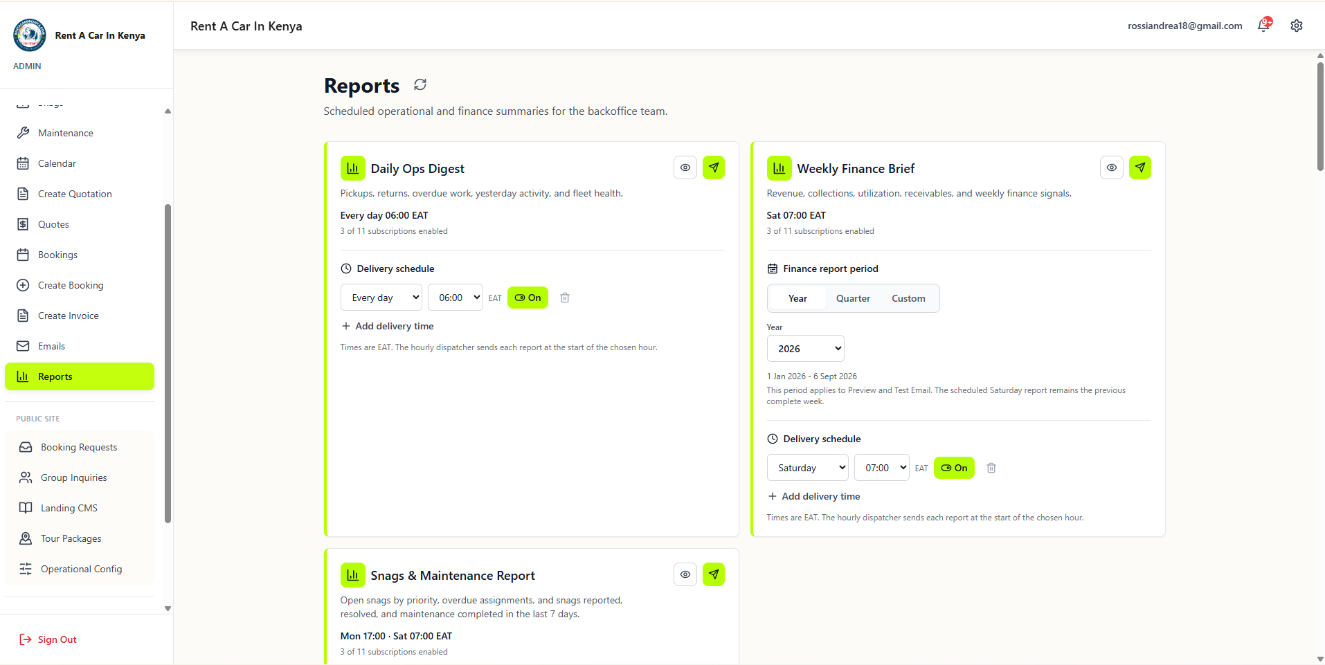 Scheduled daily operations digest and weekly finance brief settings.
