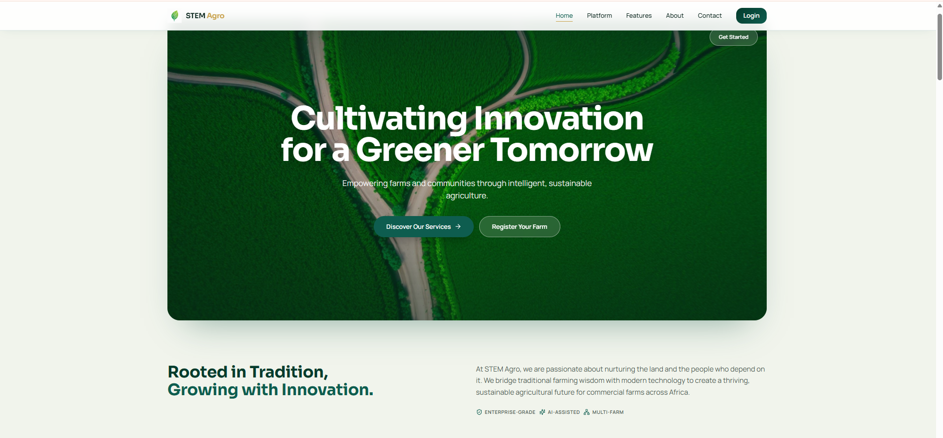 The STEM Agro platform landing page.