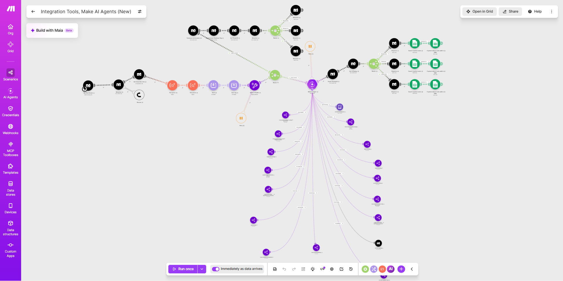 The Make.com scenario canvas for the YCK WhatsApp chatbot, wired to ManyChat and the CRM.