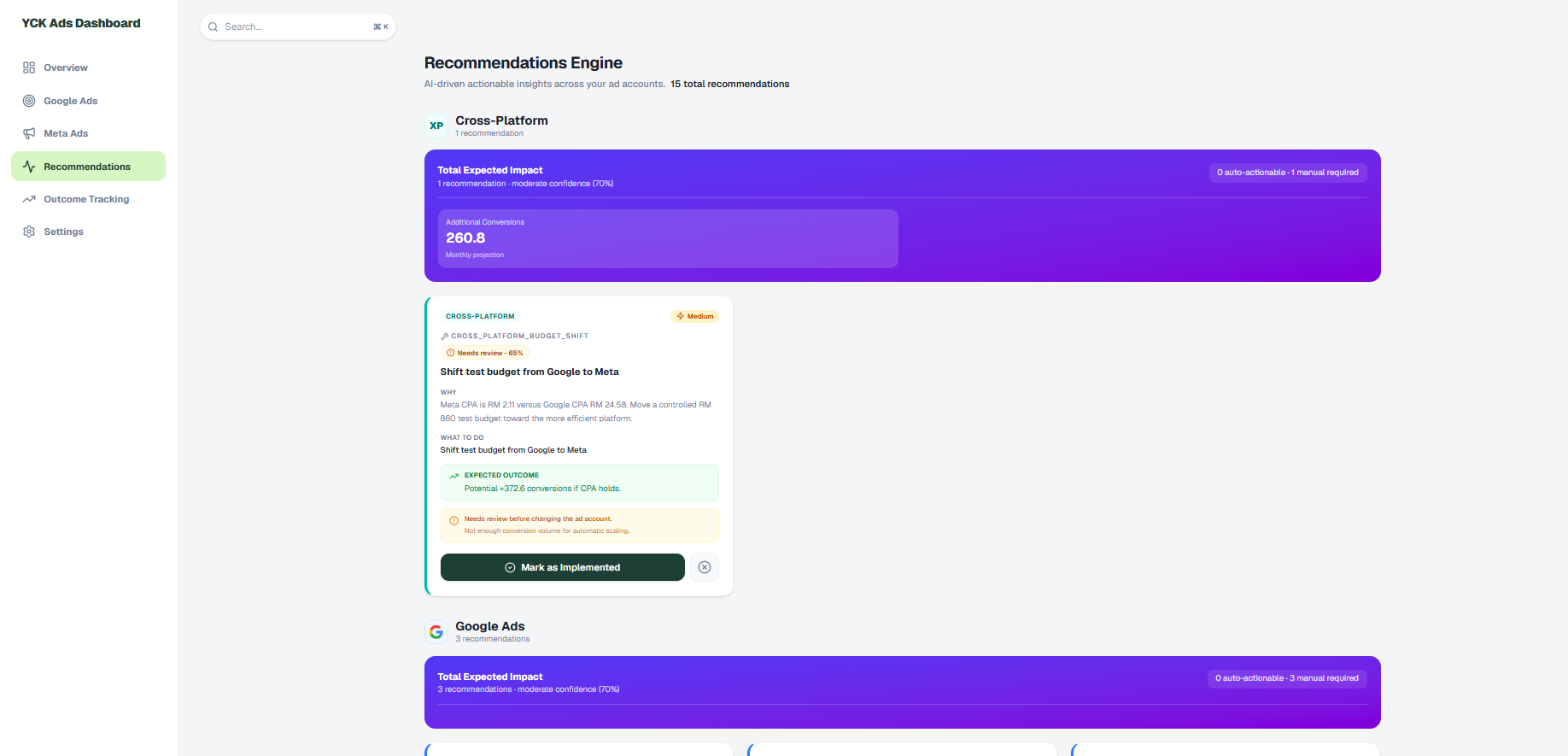 The recommendations engine grading AI suggestions, several marked manual required.